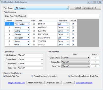 Point Table Creation | CAD Masters, Inc.