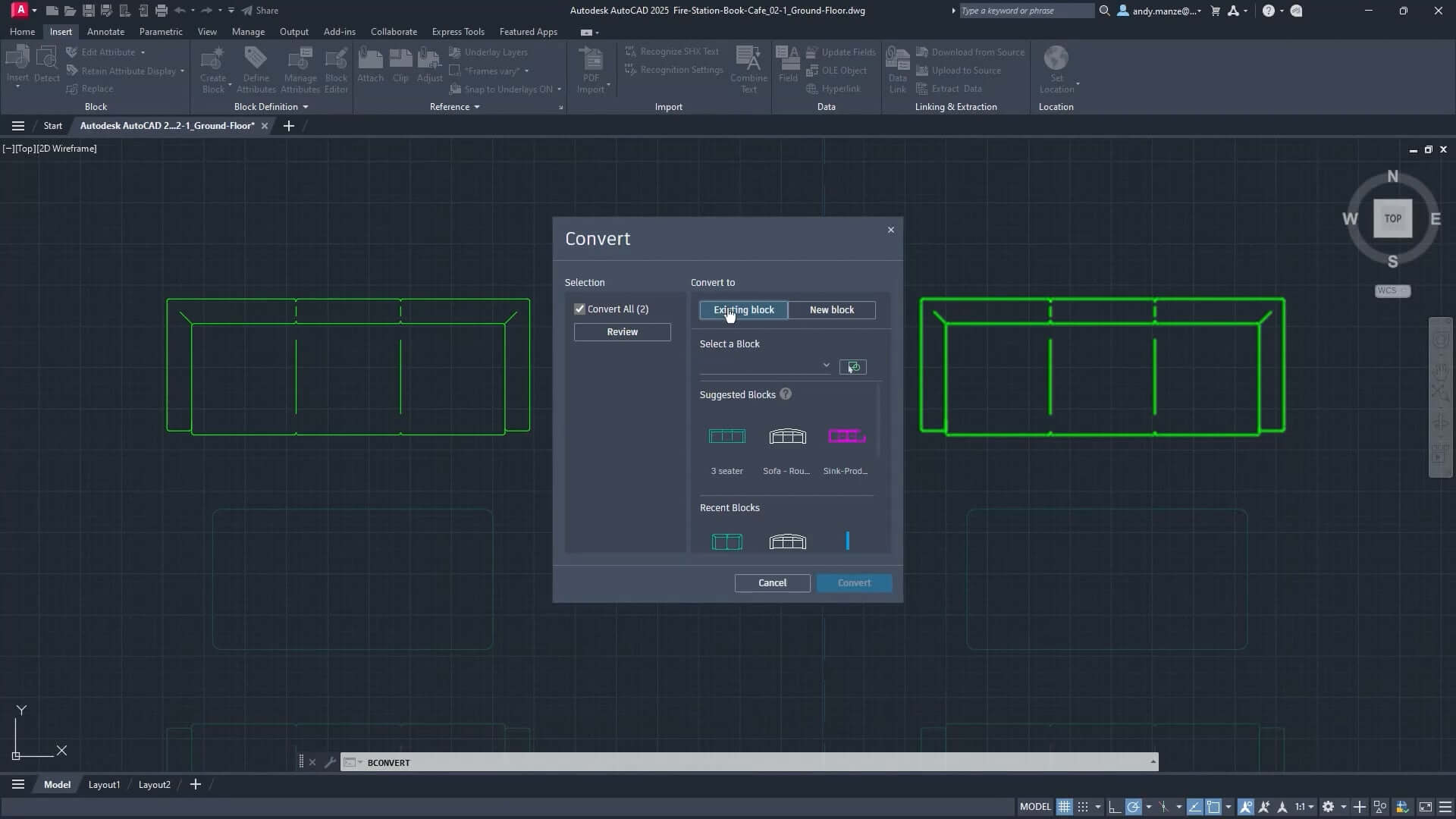 AutoCAD 2025 Smart Blocks Search and Convert function being used on screen