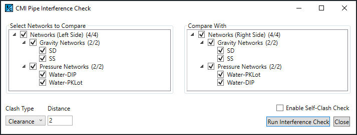 CMI Pipe Interference Check Dialog box